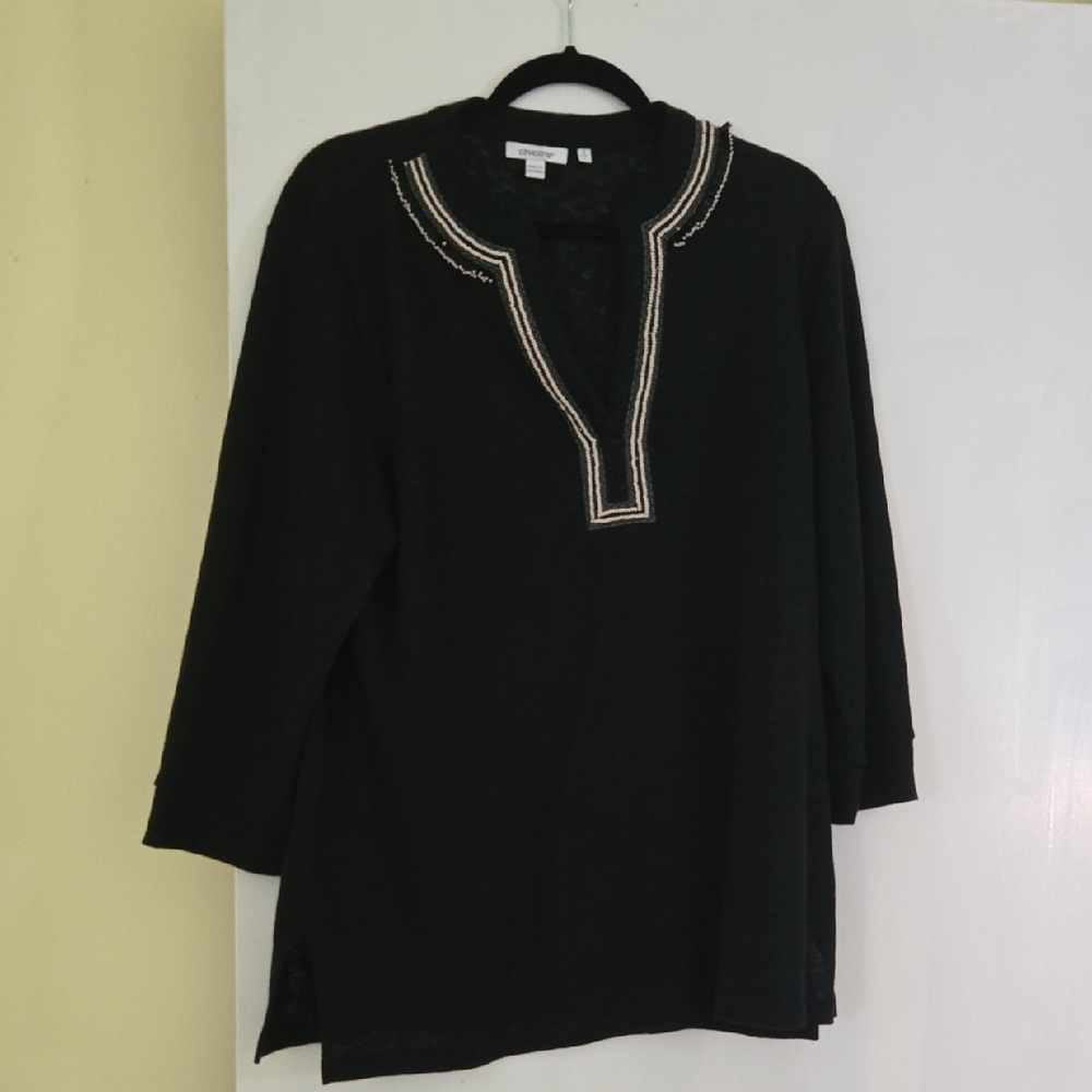 Chico's Black Tunic with Ivory Trim and 3/4 Sleeves